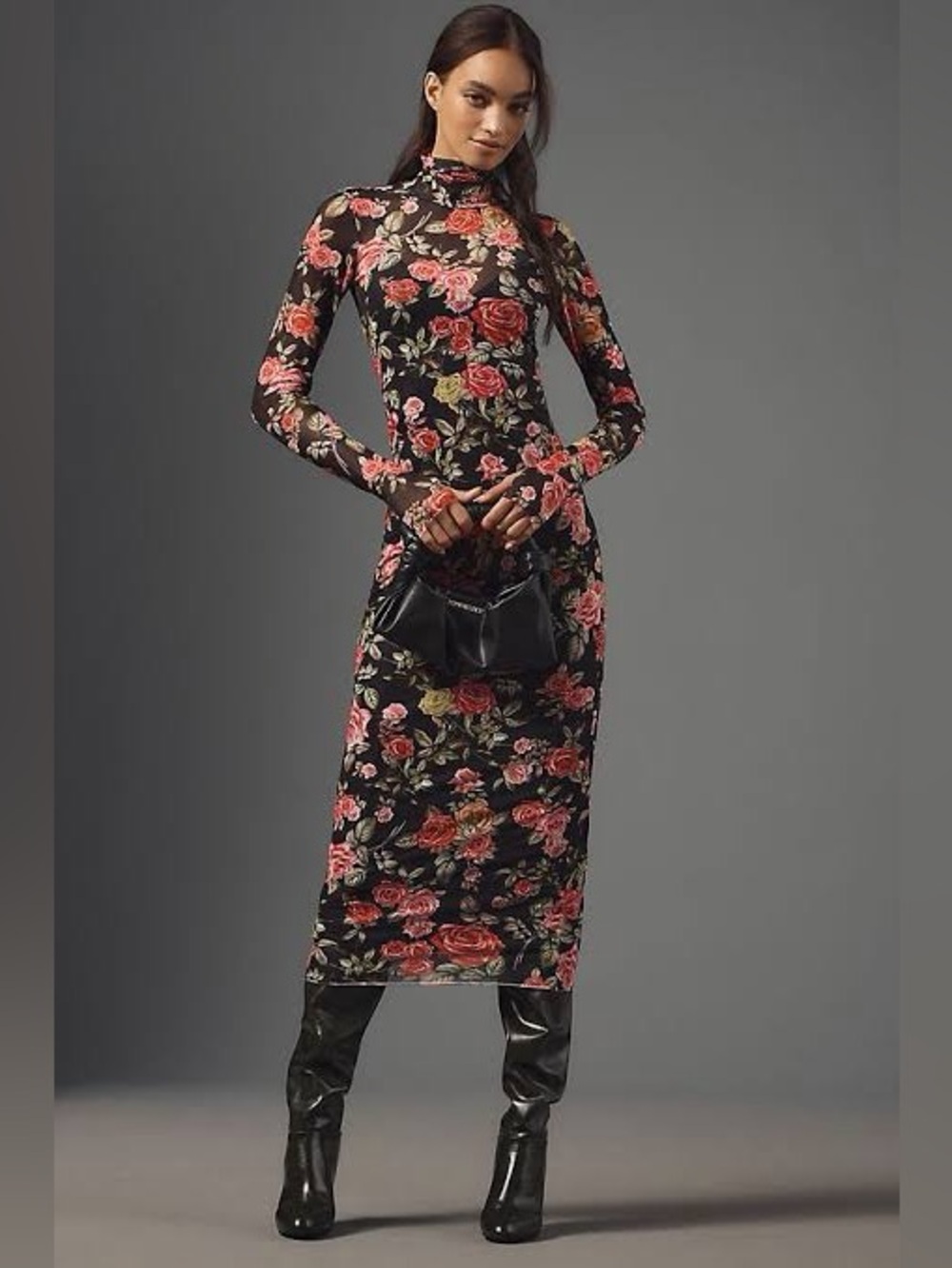 AFRM Black Floral Mesh Mock-Neck Midi Dress with Pink & Red Roses